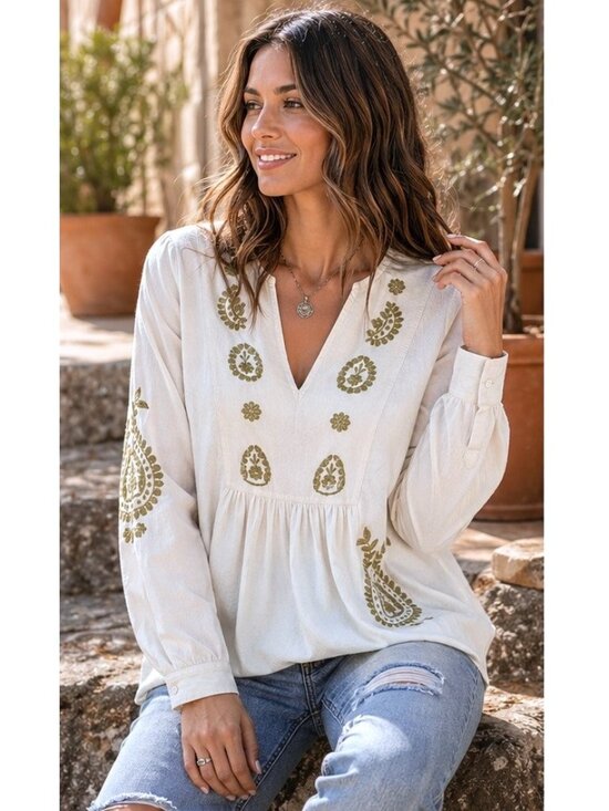 Zara Tops - Zara Ivory Embroidered Boho Blouse Olive Green Peasant Top Flowy Sleeve Medium